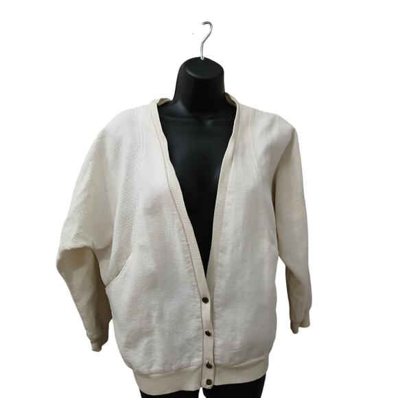 Georgy VINTAGE Creme Cardigan Buttoned Down Pockets Made In USA Cotton Blend M - Picture 1 of 9